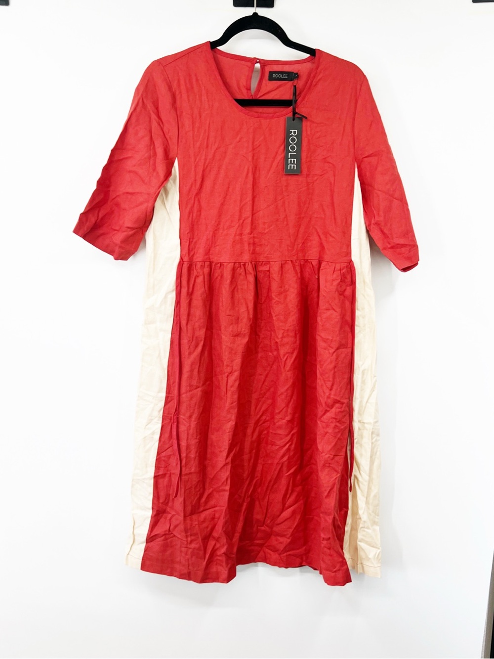 Roolee Color Block Short Sleeve Midi Dress Linen Blend NWT